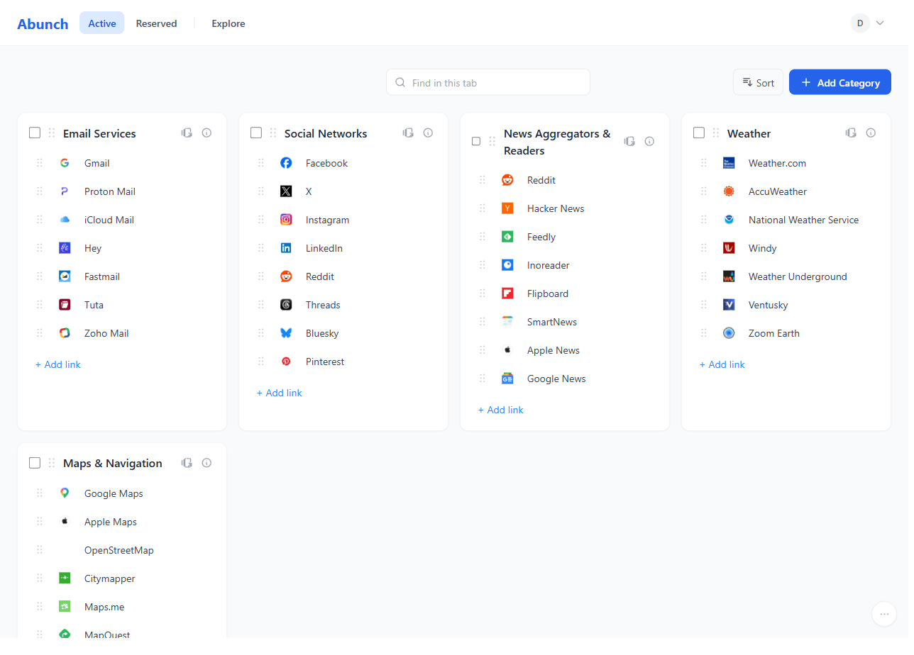 An Abunch board with sites grouped into named categories on the Active side.